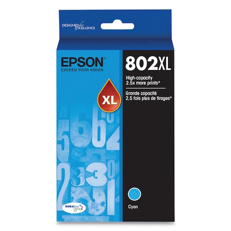 Epson T802XL220-S (802XL) DURABrite Ultra High-Yield Ink, 1,900 Page-Yield, Cyan T802XL220-S